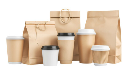 Eco friendly takeaway containers paper cups and bags arranged for sustainable food and beverage services