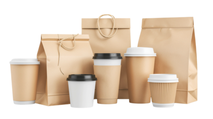 Eco friendly takeaway containers paper cups and bags arranged for sustainable food and beverage services