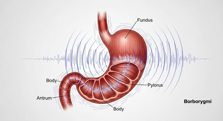 Borborygmi Stomach Anatomy with Sound Waves Medical Illustration.