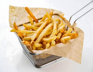 Golden French fries overflowing a metal serving basket lined with brown paper, presented against a white background.