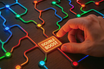 Double boost button glowing circuit neon connection hand pressing button network path orange light blue light green light red light wooden surface