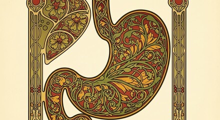 Art Nouveau Stomach Illustration with Floral Patterns.