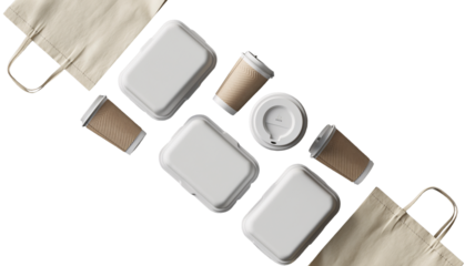 Eco friendly takeaway containers paper cups and bags arranged for sustainable food and beverage services