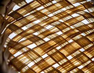 Close-up view of woven basket showing intricate pattern, light shining through.