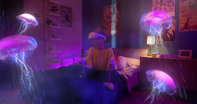 Woman Relaxes on Her Bed at Night, Wearing a Vr Headset and Controllers. Holographic Jellyfish Ocean in an Online Video Game, Blending Immersive Interactive Fun, Educational Sci‑fi Exploration.