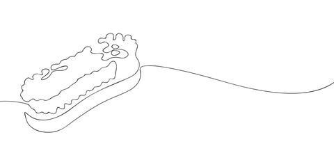 A simple line drawing of a cleaning sponge covered in soap suds, resting on a curved surface in a minimal continuous line style.