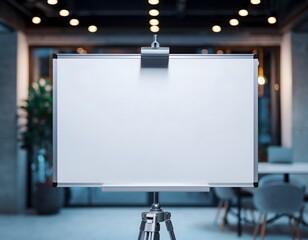 A blank whiteboard stands on a tripod in a modern office setting, ready for presentation or brainstorming.