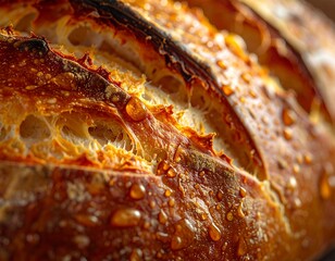 Close-up of a crusty, golden-brown bread loaf, glistening with droplets, revealing an airy, textured interior structure