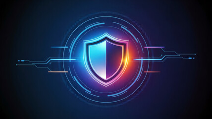 Cyber security shield icon with glowing digital tech background