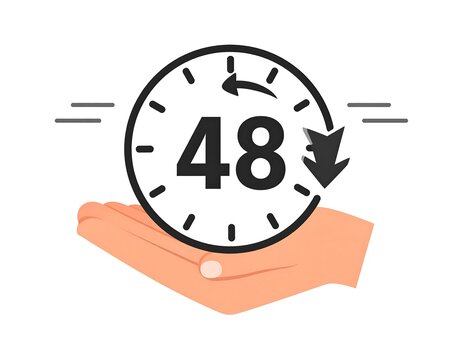 Clock with 48 inside its face, held in a hand. Arrow swirls around. Speed lines on either side