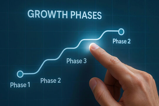 Growth phase chart with finger touching illuminated upward curve indicating progress, phase labels and futuristic blue grid background conveying business strategy and digital growth