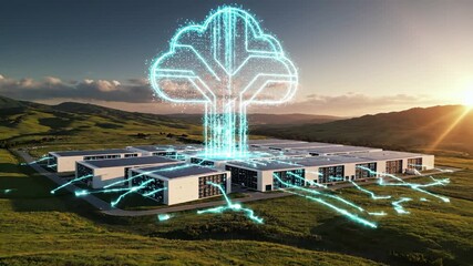 Modern datacenter facility with digital cloud computing visualization and network connections. Server infrastructure building in rural landscape with technology concept overlay. Storage and data - Powered by Adobe