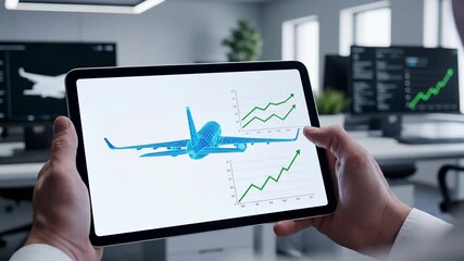 Tablet displays wireframe aircraft model with upward trend charts for aviation industry analytics. Digital business intelligence visualization for airline performance tracking, revenue growth analysis