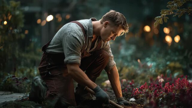 Male gardener rakes flower bed in tranquil garden during evening with soft glowing lights creating a serene atmosphere