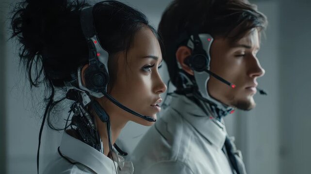 Male and female computer programmers collaborating on digital technology solutions while utilizing advanced communication tools in a modern workspace