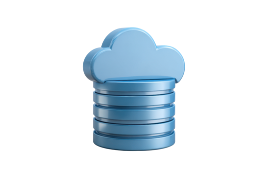 Blue cloud icon on stacked discs against black background data storage, Isolated On White Background, Png Transparent