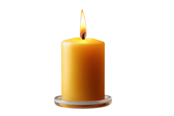 Single lit yellow pillar candle on glass holder against black background flame fire