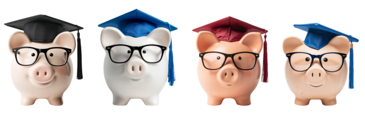 piggy bank with bachelor's hat and glasses isolated on transparent background