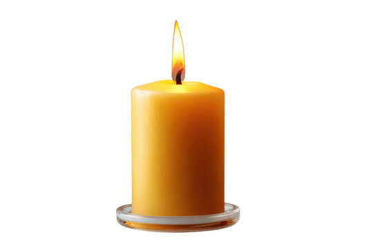 Single lit yellow pillar candle on glass holder against black background flame fire - Powered by Adobe