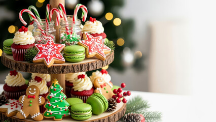 Christmas treats on festive stand with cupcakes, cookies, candy. Holiday sweets.