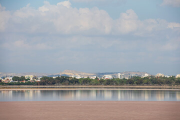Naklejka premium Salt Lake view on a sunny day, Larnaca, Cyprus.November time