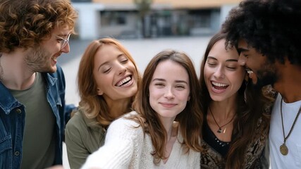 Multiracial young people enjoying a lighthearted moment while posing for a selfie outdoors in a vibrant urban setting on a sunny day