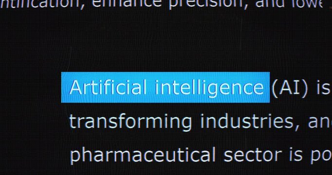 Macro Typography Animation Scans Dense Documents and Headlines, Ideal for Explaining Artificial Intelligence Search, Text Mining, Policy Analysis, Data‑driven Research Workflows in Motion Graphics.