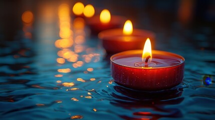A peaceful and reflective image featuring candles gently floating on water, bathed in soft, calming light. Evokes a sense of tranquility and introspection.