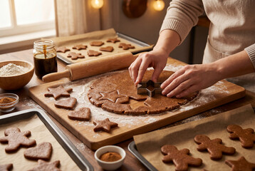 Woman cutting star shapes from gingerbread dough on wooden board during Christmas baking preparation
