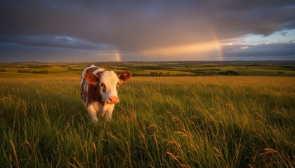 A young brown and white cow stands in a sunlit, tall green field under a dramatic sky with a double rainbow.