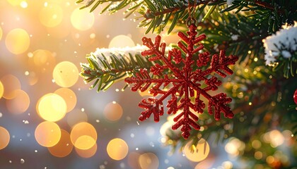 Luxurious Holiday Christmas Background: Elegant Red Baubles Detail on Fir Tree and Abstract Yellow Bokeh Effect, Copy Space for Text or Banner.