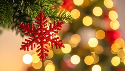 Warm Bokeh Christmas Background: Green Pine Branches with Shiny Red Ornaments and Golden Sparkling Lights, Festive Holiday Greeting Card.