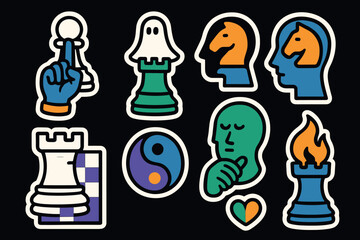 Vibrant chess icon set with creative abstract designs for strategic game enthusiasts
