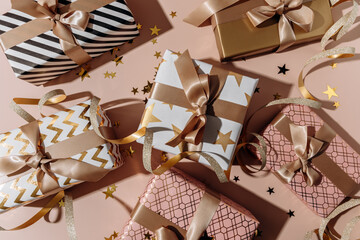 festive background lots of gift boxes with bows birthday gifts, valentine's day, anniversary gift, new year and christmas gift boxes.
