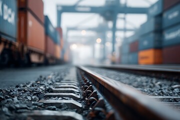 Railway tracks in a foggy container terminal, highlighting freight logistics, cargo transport operations and industrial rail infrastructure