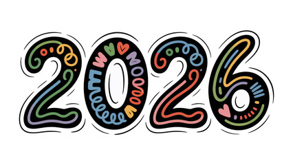 Digital 2026 Typography: A vibrant and colorful digital illustration of the year 2026, creatively designed with playful typography, embodying the spirit of innovation and future