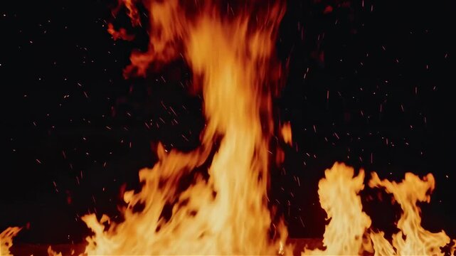 Intense orange and red flames burn fiercely against a dark background with flying sparks, creating a powerful heat effect.