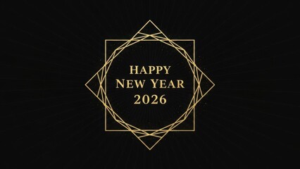 Elegant happy new year 2026 wishes with golden geometric frame on black background, perfect for festive greetings and celebration cards