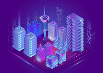 Isometric Smart City with Neon Tower and Digital Cyberpunk Buildings