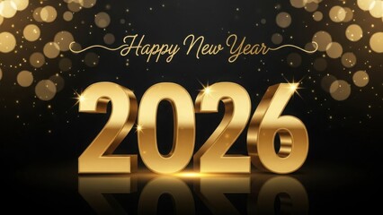 Golden 2026 new year celebration with bokeh lights and elegant script wishing a happy new year on a dark reflective surface