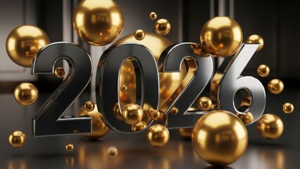 A gleaming 3d rendering showcases the year 2026, adorned with golden spheres, symbolizing a bright and prosperous future ahead for all