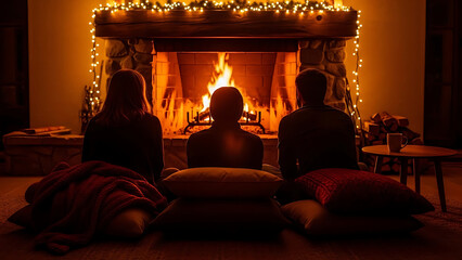 Warm holiday memories by the fire: Family enjoys cozy evening together in rustic living room, creating a feeling of peace and connection during winter season