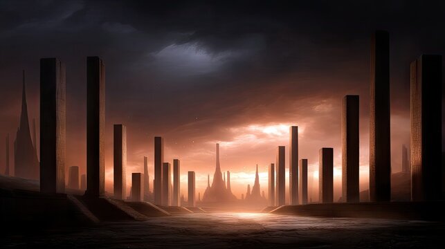 An artistic rendering of a futuristic cityscape featuring tall pillars and structures under a dramatic, fiery sky.