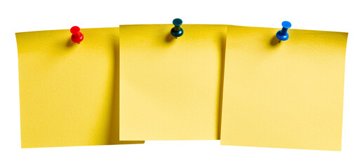 Three blank yellow sticky notes with different methods of attachment isolated on black background