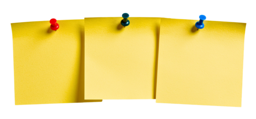 Three blank yellow sticky notes with different methods of attachment isolated on black background