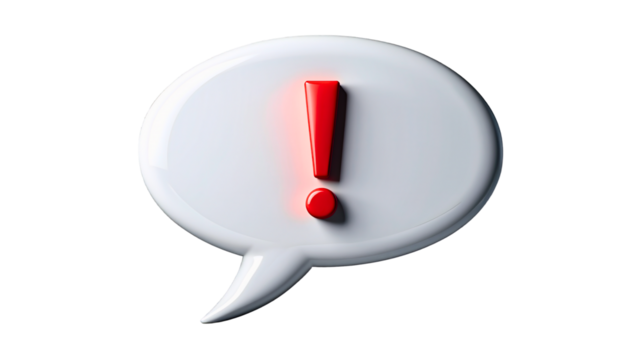A 3d rendered white speech bubble with a red exclamation mark on a black background