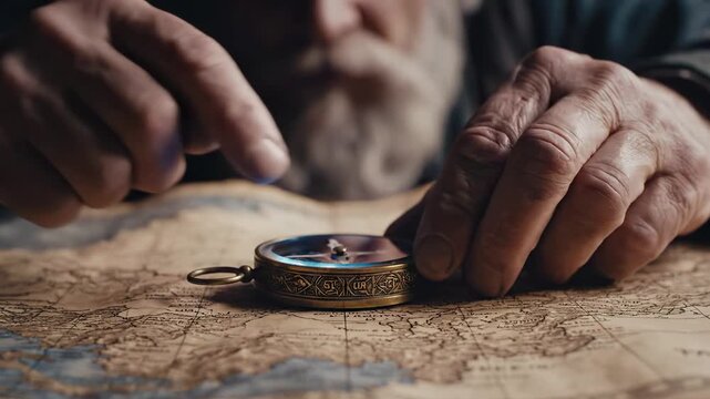 Elderly hands examine ornate brass compass placed on vintage parchment map. Navigation instrument for travel exploration and direction finding. Traditional wayfinding tool represents adventure