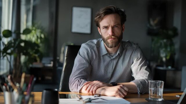 Man sitting at a desk in a modern office setting, focused on work while surrounded by papers, plants, and a computer during daylight hours