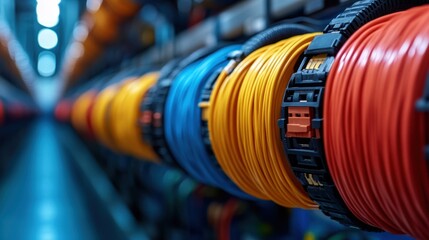 Obraz premium A series of vibrant, colorful electrical cables ? yellow, blue, and red ? are neatly coiled on a shelf. The blurred background highlights the colors and texture.