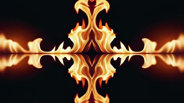 Symmetrical abstract fiery flames reflecting on a dark background, creating a dynamic orange and red pattern.
